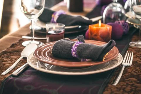 Table setting for dinner. Elegant place setting for restaurant. Wedding or Va Stock Photos