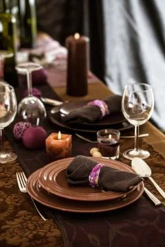 Table setting for dinner. Elegant place setting for restaurant. Wedding or Va Stock Photos
