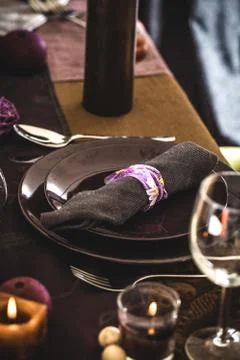 Table setting for dinner. Elegant place setting for restaurant. Wedding or Va Stock Photos