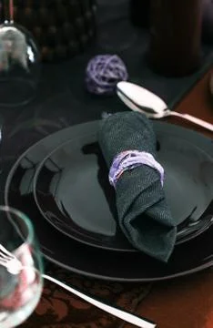 Table setting for dinner. Elegant place setting for restaurant. Wedding or Va Stock Photos