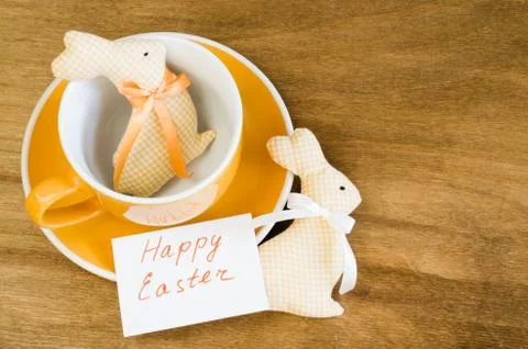 Table Setting for Easter Celebration With Quail Eggs and Easter Bunny on Rustic  Stock Photos