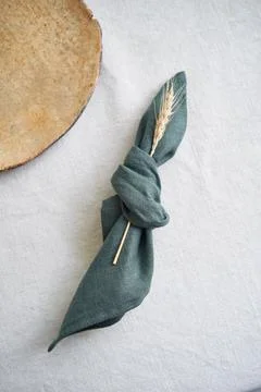 Table setting with empty brown plate and grey linen napkin tied in a knot. Stock Photos