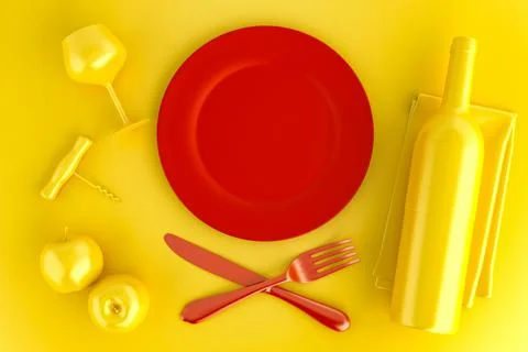 Table setting with empty red plate, glass and wine bottle. Top view Illustrazione stock