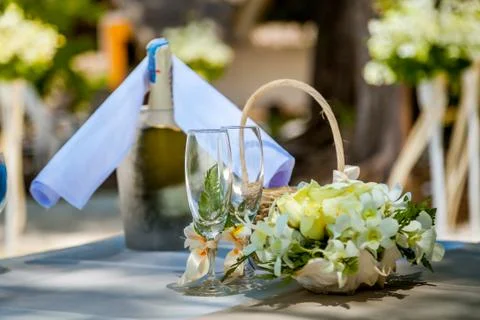 Table setting for an event party or wedding reception at the beach Stock Photos