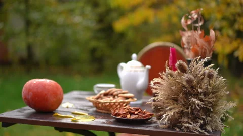 Table Setting Featuring Fresh Apples and Delicious Snacks Enhancing Atmosphere Stock Footage 285268991