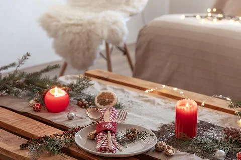 Table setting for a festive Christmas dinner. Stock Photos