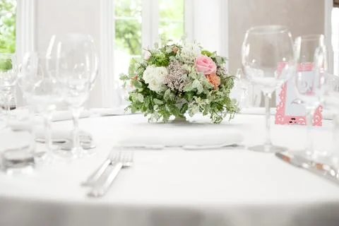 Table setting, festive round tables ready for guests. Stock Photos