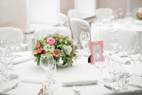 Table setting, festive round tables ready for guests. Stock Photos
