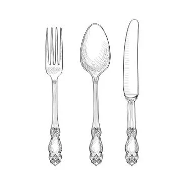 Table setting. Fork, Knife, Spoon, plate sketch set. Cutlery service Illustrazione stock