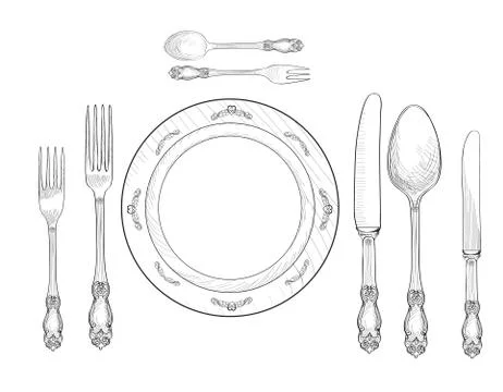 Table setting. Fork, Knife, Spoon, plate sketch set. Cutlery service Illustrazione stock