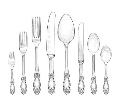 Table setting. Fork, Knife, Spoon, plate sketch set. Cutlery service Stock Illustration