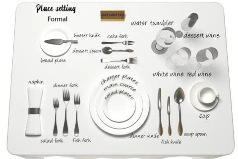 Table setting for a formal dinner, with cutlery names. 3d rendering Stock Illustration