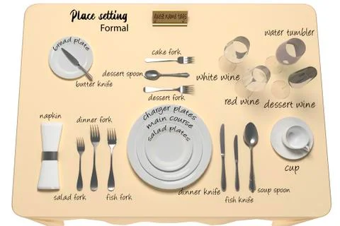 Table setting for a formal dinner, with cutlery names. 3d rendering Stock Illustration