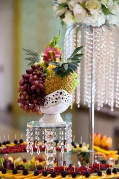 Table setting fruits at the wedding reception Stock Photos