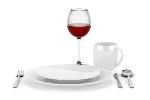 Table setting with glass of red wine isolated on white background Stock Illustration