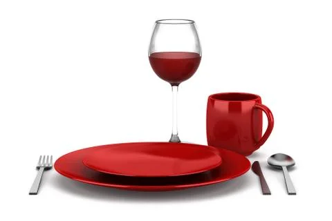 Table setting with glass of red wine isolated on white background Illustrazione stock
