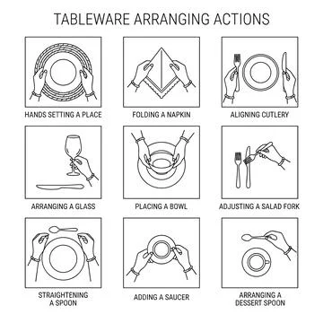 Table setting infographic, setting table, arranging tableware actions, plac.. Stock Illustration