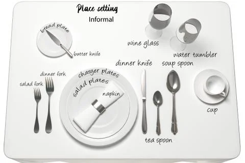 Table setting for an informal dinner, with cutlery names. 3d rendering Stock Illustration