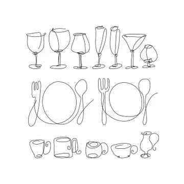 Table setting items continuous line drawing set Illustrazione stock