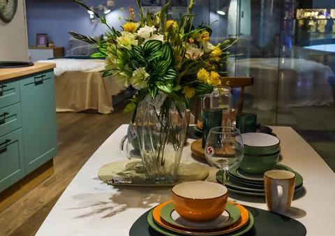 Table setting, kitchen interior design Stock Photos