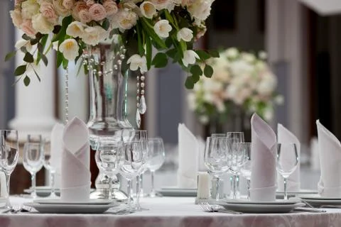 Table setting at a luxury wedding reception Stock Photos