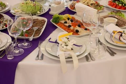 Table setting at a luxury wedding reception Stock Photos
