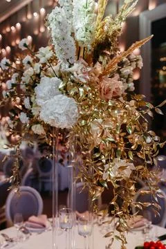 Table setting at a luxury wedding reception Foto stock