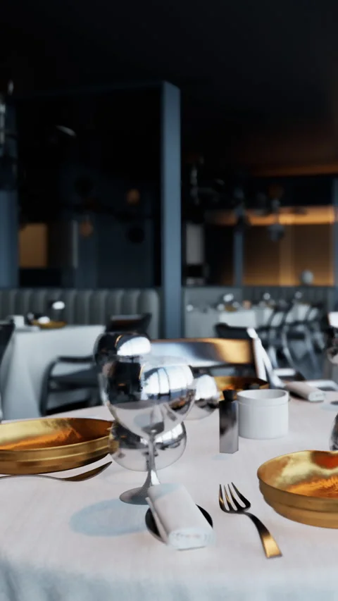 Table setting in modern restaurant with elegant dishes and glassware Stock Footage 335355147