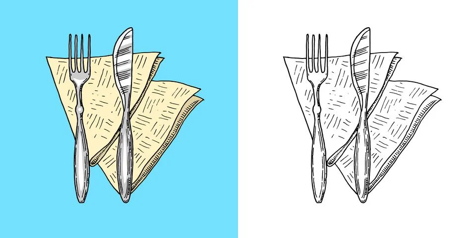 Table setting. Napkin, fork and knife. Food tools. Hand drawn sketch in vintage Illustrazione stock