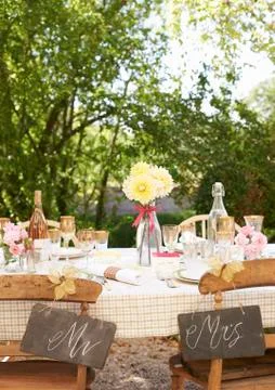Table setting for outdoor wedding reception Stock Photos