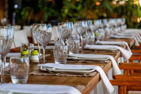 Table setting for a party or wedding reception in a restaurant. Stock Photos