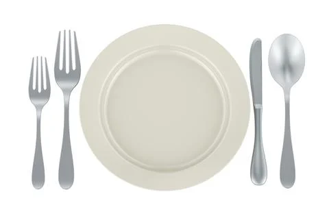 Table setting. Plate with forks spoon and knife, 3D rendering Stock Illustration