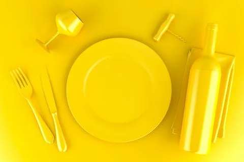 Table setting with plate, wine bottle and corkscrew. 3D illustration. Stock Illustration