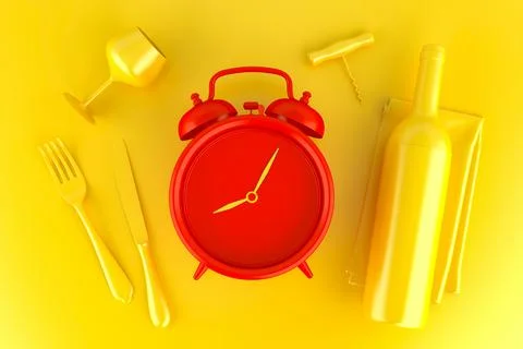 Table setting with red alarm clock, glass and wine bottle. Top view Stock Illustration