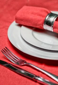 Table setting in red Stock Photos