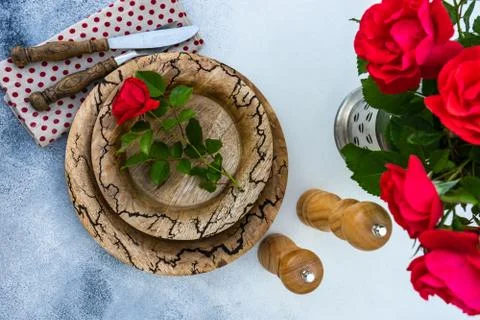 Table setting with red rose Stock Photos
