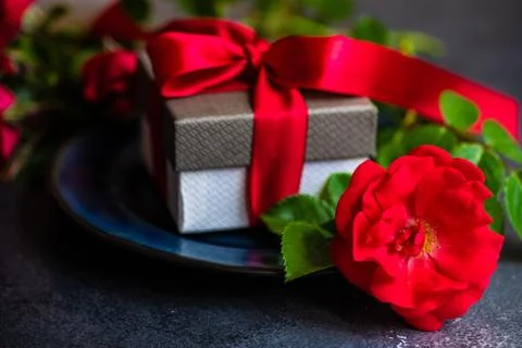 Table setting with red rose Foto stock