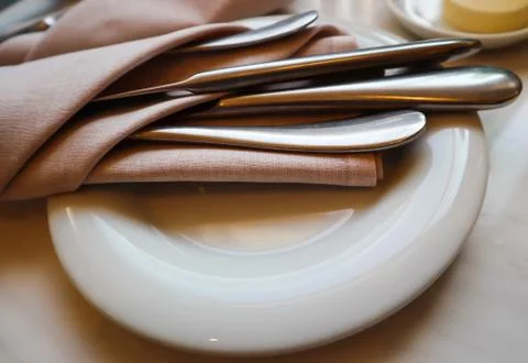 Table setting in the restaurant. White plate with  cutlery in napkin on a mar Stock Photos