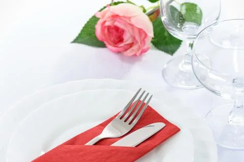 Table setting for a romantic dinner Stock Photos
