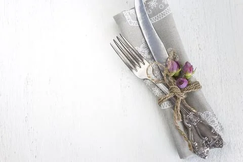 Table setting on a rustic wooden background Stock Photos