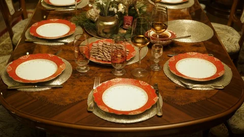 Table setting served. Christmas dinner living room family house. Festive decor. Stock Footage