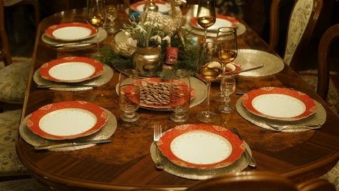 Table setting served. Christmas dinner living room family house. Festive decor. Stock Footage 129043024