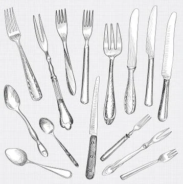 Table setting set. Fork, Knife, Spoon sketch. Cutlery collection. Stock Illustration