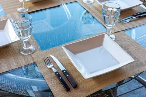 Table setting for simple lunch in restaurant Stock Photos