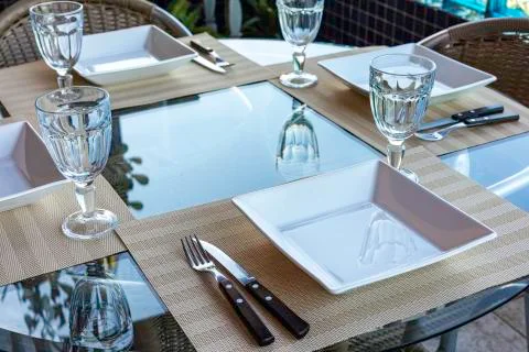 Table setting for simple lunch in restaurant Stock Photos