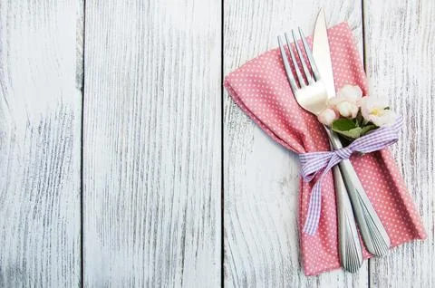 Table setting with spring blossom Stock Photos