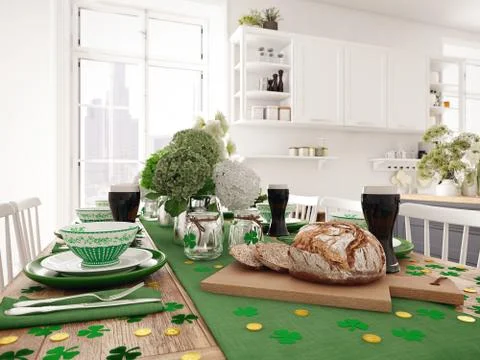 Table setting for St Patricks Day. holiday concept. 3d rendering Stock Illustration