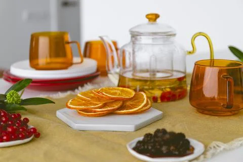 Table setting before the tea party. Waiting for guests. Stock Photos