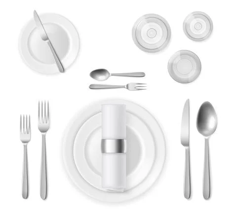 Table setting top view. Realistic 3d silver cutlery and white plates, restaurant Stock Illustration