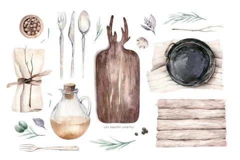 Table setting, top view. Watercolor hand drawn illustrations type of plate, fork Stock Illustration